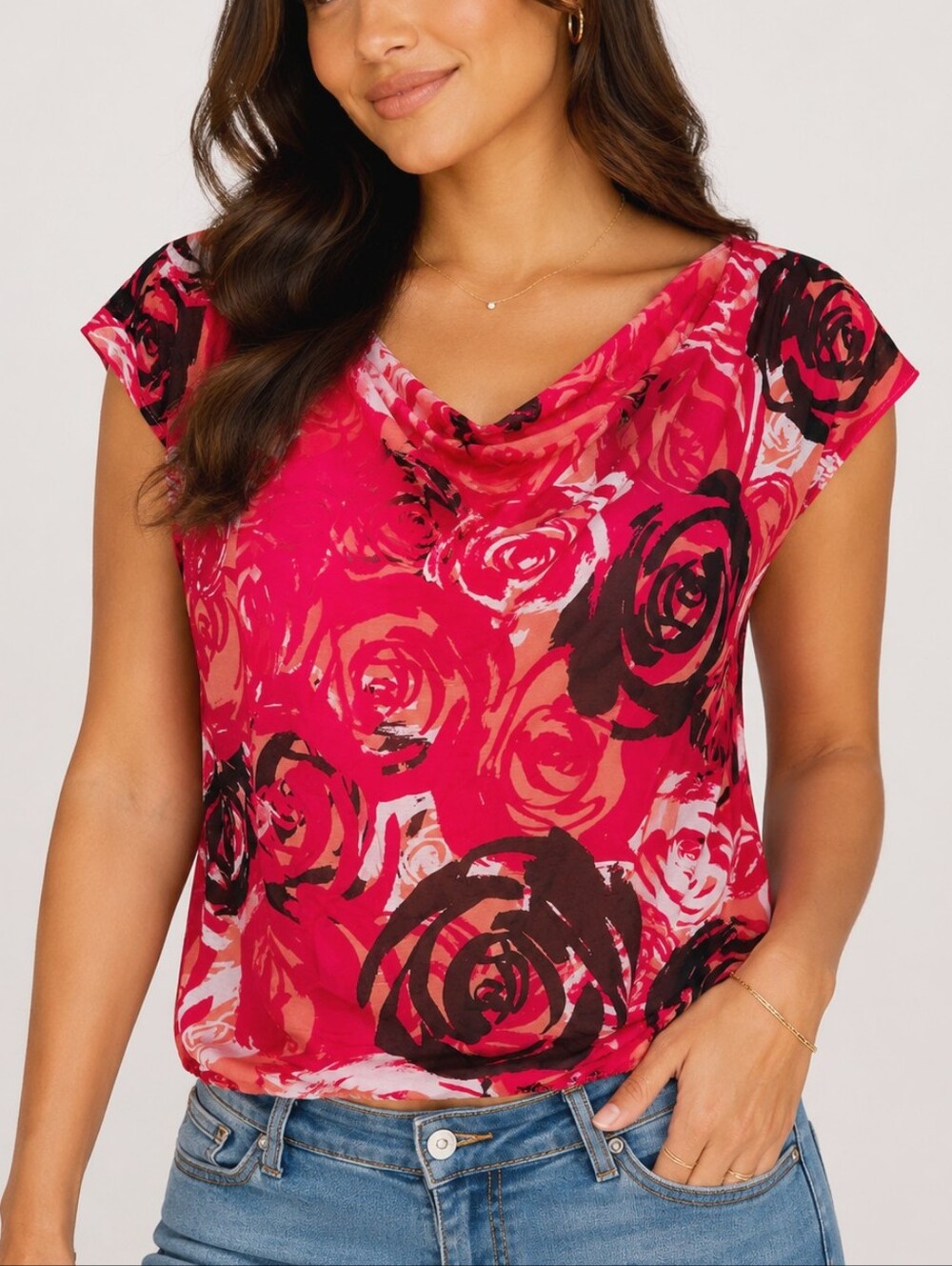 WORTHINGTON Y2K Sheer Floral Cowl Neck Top Modern Retro Going Out Blouse, L